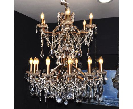 Chandelier, large 18 arm, 18 light in gold finish with crystal droppers, height 100 cm width 88 cm depth 88 cm
