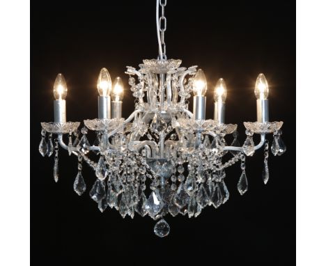 Chandelier, shallow silver finish, 6 branch, 6 light,with crystal droppers, height 48 cm width 64 cm depth 64 cm