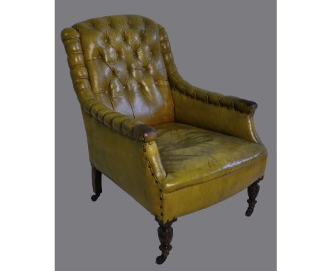 Chair, a green leather button back arm chair, possibly Howard circa 1860, height 87cm width 65 cm depth 87 cm