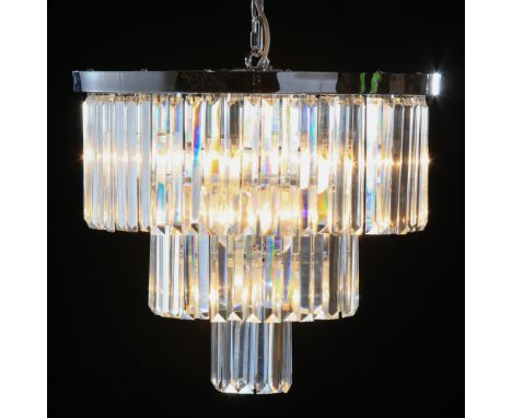 Chandelier, chrome finish, 3 tier prism drop with 4 light, height 45 cm width 50 cm depth 50 cm