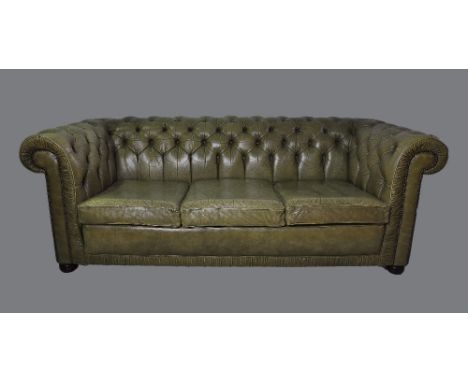 Sofa, green, leather button backed by Pegassus, height 73 cm width 200 cm depth 89 cm