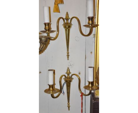 Brass wall lights, set of three twin light fittings, height 28 cm width 30 cm depth 15 cm