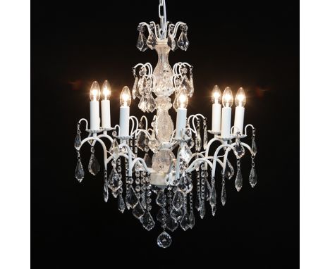 Chandelier, white finish, 8 arm, 8 light with crystal droppers, height 80 cm width 68 cm depth 68 cm