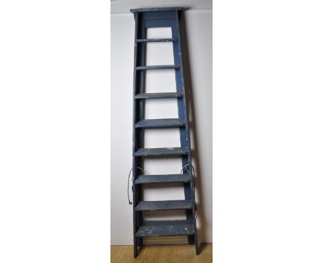 Vintage blue painted ladders with rope stays, height when closed approx 230 cm