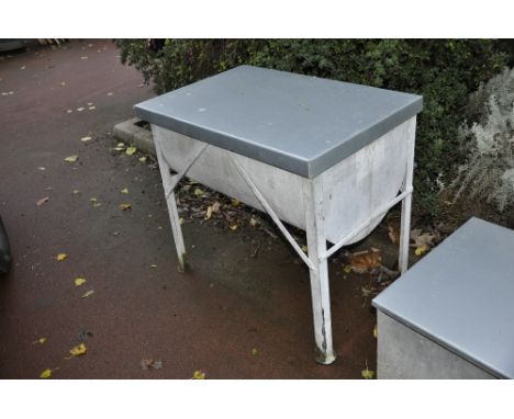 Galvanised rounded bottom trough standing on 4 legs, with cover, height 76 cm width 83 cm depth 55.5 cm