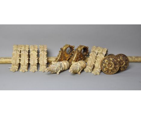 Three matching pairs of light gold painted curtain pole brackets, matching pair of pole finials, one pair gold painted curtai