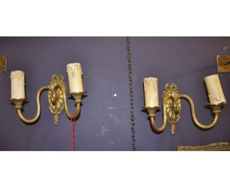 Wall lights, pair of antique gilt, 2 arm, oval back plate with bow decoration, height 23 cm width 30 cm depth 17 cm