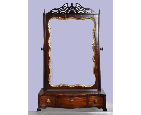 Dressing mirror on stand, 18th century, mahogany, bow front and three drawers, height 70 cm width 43 cm depth 23 cm