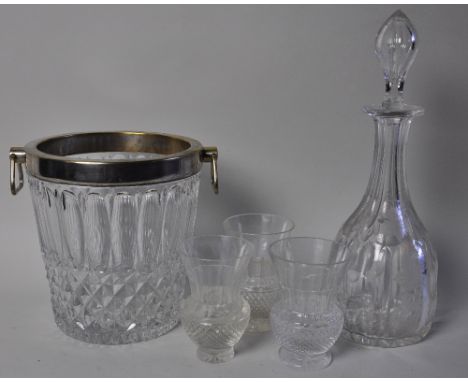 Glass wine cooler with silver plated mount, with an etched decanter and stopper and 3 thistle shaped cut drinking glasses