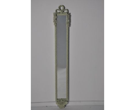 Mirror, slim, ivory colour painted mirror with bow decoration to frame, height 130 cm width 17 cm depth 2.5 cm