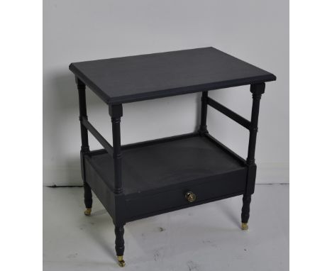 Side table, bedside table, wood, in bluey black painted finish, single drawer and brass handle, on brass castors height 54.5 