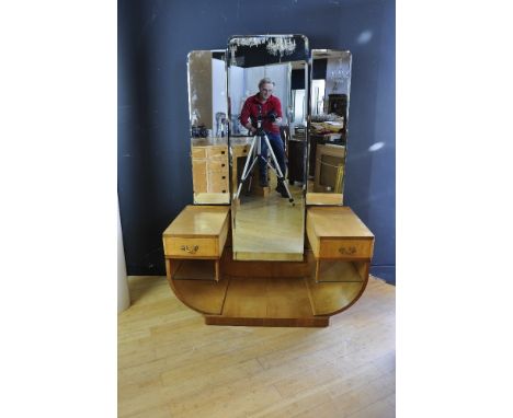 Satinwood  Art Deco dressing table , triptych mirror, 2 drawers with pretty brass handles, 2 glass shelves to either side, he