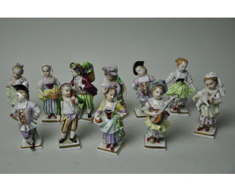 11 Sitzendorf porcelain figures, a collection of children, each measuring approximately 11.5 cm in height