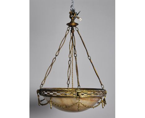 Chandelier, ceiling light, fine quality, French, gilt metal decoration and alabaster bowl (bowl has been repaired) 3 lights, 