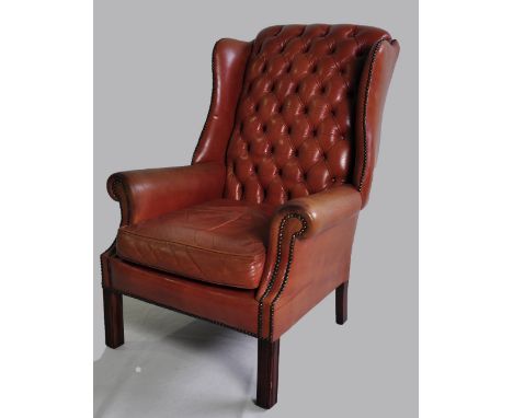 Office or foyer chair, high backed, button backed in leather, height 105 cm width 76 cm depth 90 cm
