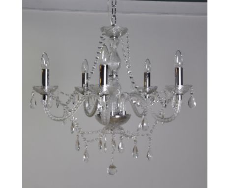 Chandelier, glass, 5 arm, 5 light, height 65 cm width 50 cm depth 50 cm