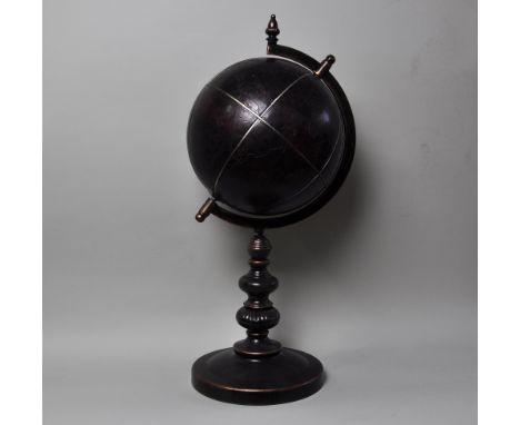 Leather globe on iron stand  height 76 cm width 33 cm depth 30 cm