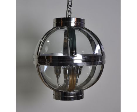 Chandelier, globe fitting with 4 lights, chrome frame with glass, height 60 cm width 48 cm depth 48 cm