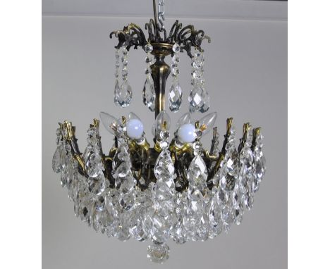 Chandelier, cut glass and brass, 10 light, 20 arm, height 51 cm width 50 cm depth 50 cm