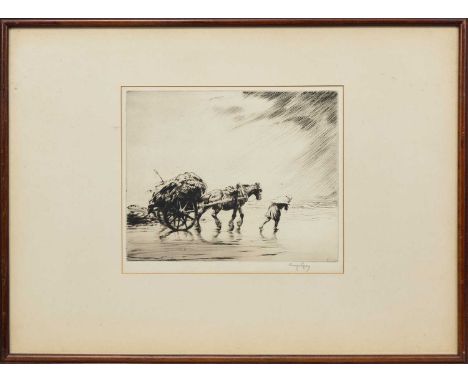 GEORGE SOPER RA RI (BRITISH 1870 - 1942), CARTING SEAWEED drypoint etching on paper, signed, titled label versomounted, frame