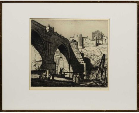 WILLIAM STRANG RA RP RE (SCOTTISH 1859 - 1921), ST. MARTIN'S BRIDGE, TOLEDO etching on paper, signed, titled label versomount