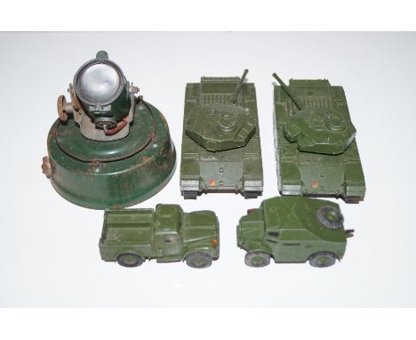 Dinky 688 Field Artillery Tractor, 651 Centurion Tank, 651 Centurion Tank, 641 Army Iron Cargo Truck, and Aircraft spotlight