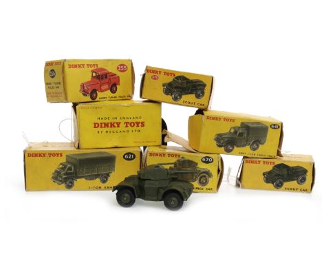 SEVEN BOXED DINKY TOYScomprising nos. 255 Mersey Tunnel Police Van, 621 3-Ton Army Wagon, 641 Army 1-Ton Cargo Truck, 670 Arm