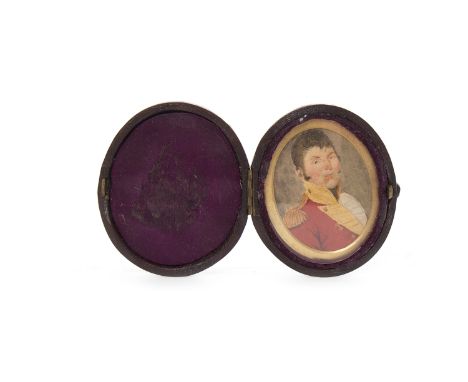 EARLY 19TH CENTURY PORTRAIT MINIATURE OF AN OFFICERin hinged leather oval frame, gilded mount and under glass, 7.5cm x 6cm