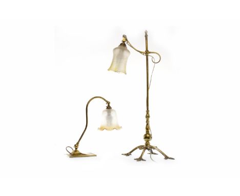 ART & CRAFTS 'GOTHIC' BRASS TABLE LAMP in the manner of W.A.S. Benson, the support with scrolling attachment for the frosted,