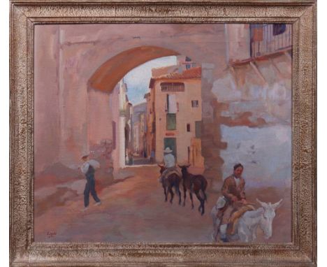 Kurt Leyde (1881 in Berlin - 1941 ebda)"Tor in Caraquiz" (spanische Gasse mit Eseln), 1941, Öl auf Leinwand, u.l. sign. "Leyd