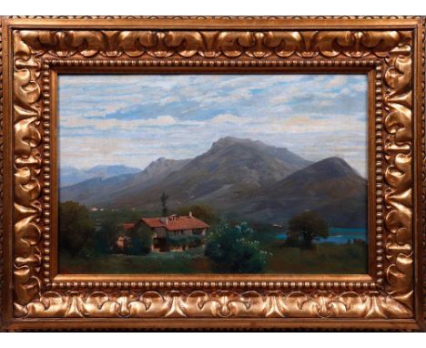 Valentin Ruths (1825 in Hamburg - 1905 ebda.)"Lugano" (Hütte in Bergpanorama), Öl auf Platte, u.l. sign. "V. Ruths", rückw. P