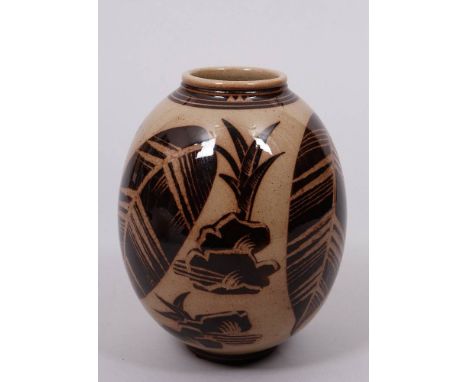 Art Deco-Vase, Dekorentwurf Nils Thorsson (1898 - 1975) Royal Kopenhagen, 20. Jh., Dschungel-Serie Keramik, glasiert, ovoide 