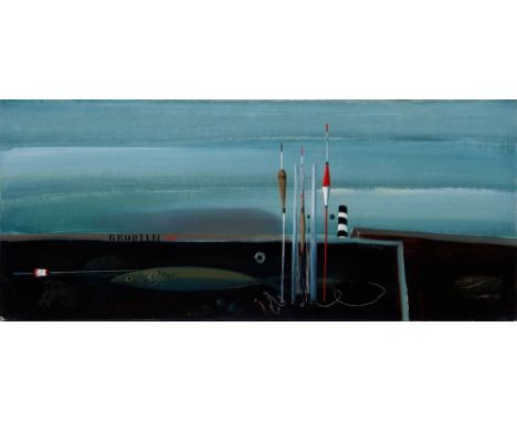 Horst Skodlerrak (1920 in Juknaičiai, Litauen - 2001 in Travemünde)"Brodten XIII" (Angelruten, Fisch und Leuchtturm), 1961, Ö