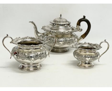 A good quality 3 piece late 19th century Georgian style ornate silver plated tea service. James Deakin &amp; Sons. Teapot 28x