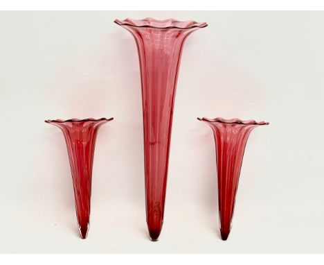 3 Victorian Ruby Glass epergne vases. Largest 30cm 