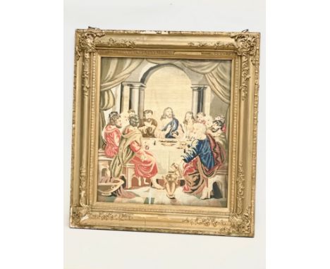 A large 19th century gilt framed religious tapestry of Jesus and his 12 Disciples. 81x87cm 