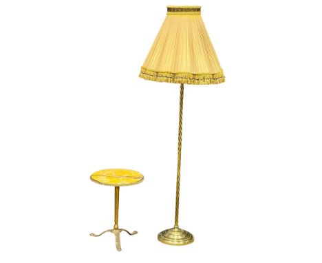 An ornate brass faux marble top lamp table with a good quality vintage brass standard lamp. 