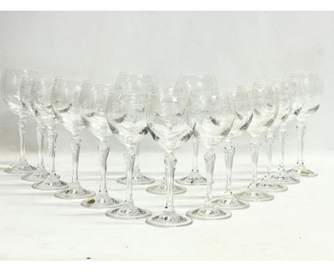 A set of 16 vintage Bohemian Etched Glass ‘Catherine’ wine glasses with 3 original boxes. 19.5cm 