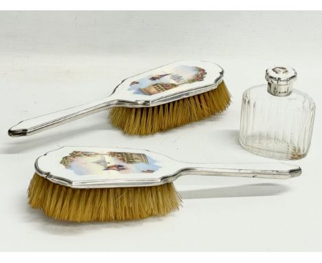 A 3 piece silver and enamel vanity set. Birmingham. 1929. 