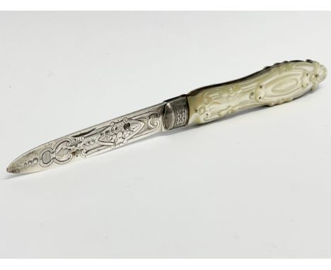A Victorian silver and Mother of Pearl fruit knife. 15.5cm open. 