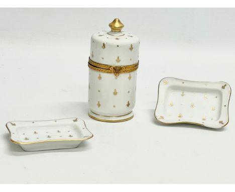 3 pieces of Limoges Peint Main (hand painted) porcelain. A cylinder trinket box 13cm, and a pair of dishes. 