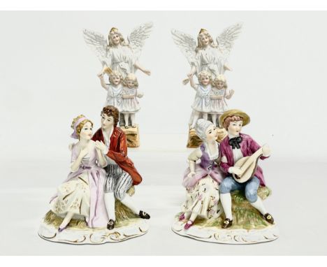 4 figurines. A pair of late 19th/early 20th century bisque Angel figures. 2 Maruri porcelain figurines of couples courting. 1
