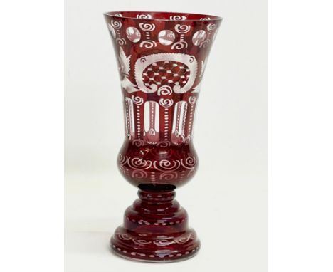 A vintage Bohemian etched Ruby Glass vase by Egermann. 12x25cm 