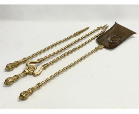 3 good quality vintage brass fire tools. 77cm 
