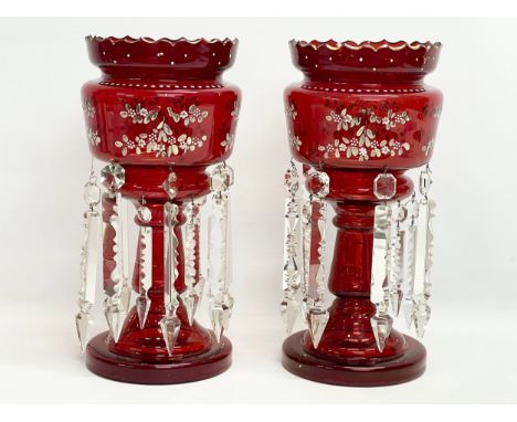 A pair of large Victorian hand painted Ruby Glass lustres. 19x36.5cm 