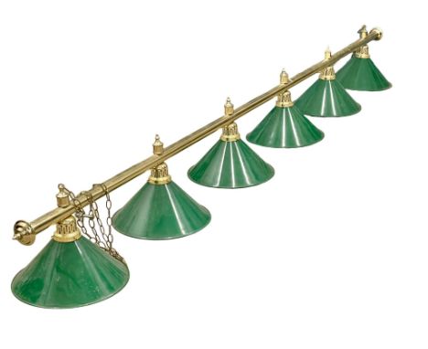 A large brass snooker table canopy light with metal shades. 325cm 