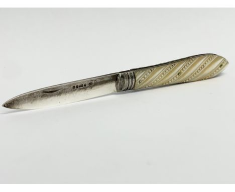 A Victorian silver and Mother of Pearl fruit knife. 15.5cm open. 