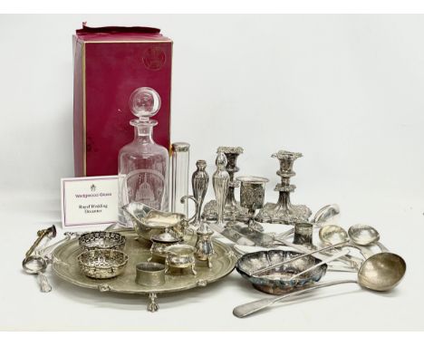 A Wedgwood Royal Wedding Decanter with box and a collection of silver plate. 