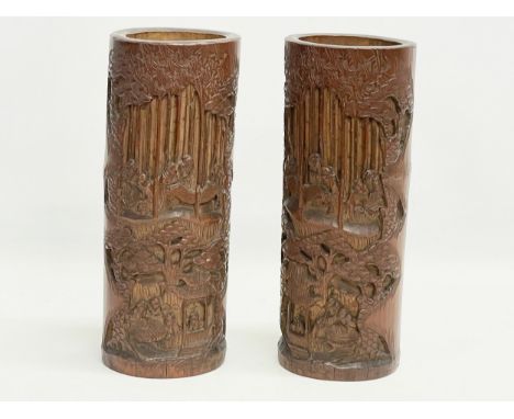 A pair of large 19th century Chinese brush pots. 30cm 