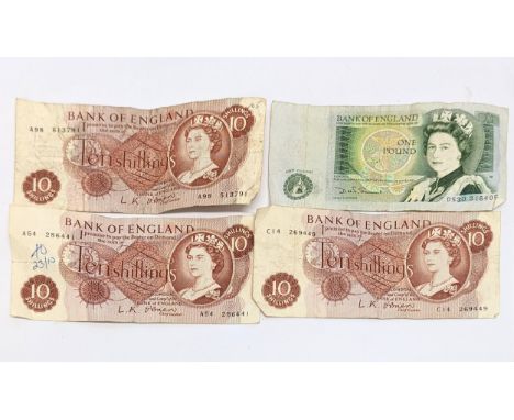 4 vintage bank notes including Ten Shillings &amp; 1 pound 